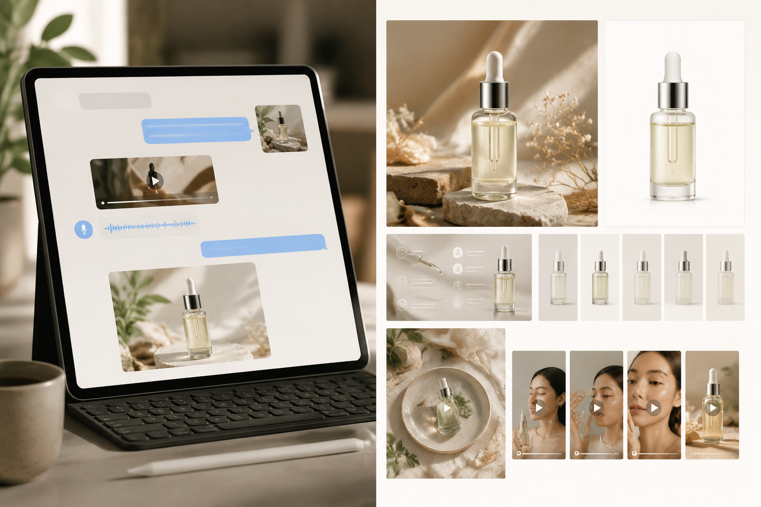 左侧豆包多模态会话场景对比右侧 imagin AI 完整商品套图