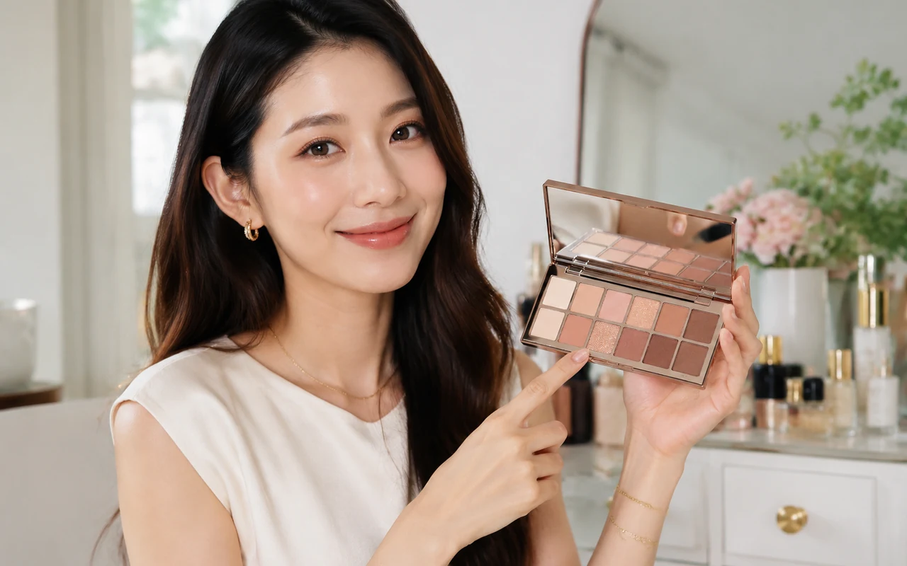 美妆达人展示眼影盘色彩与质地的 UGC 视频