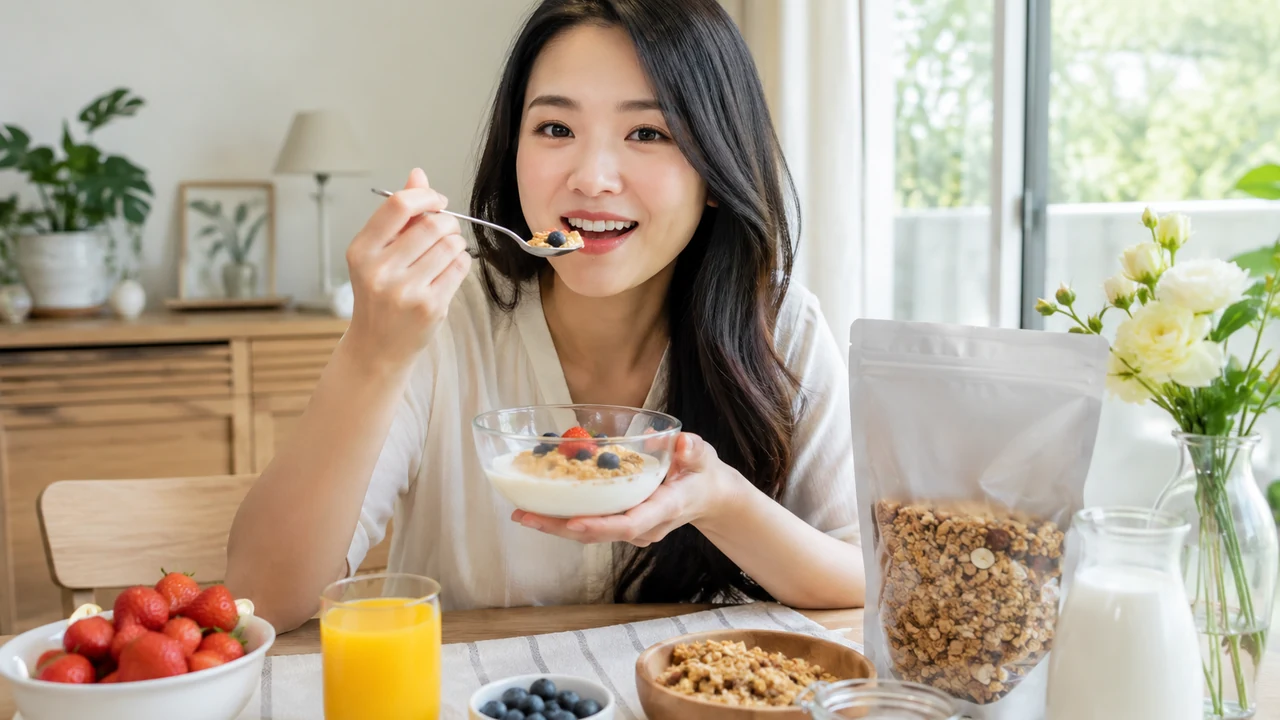 食品达人在早餐桌试吃燕麦的 UGC 视频画面